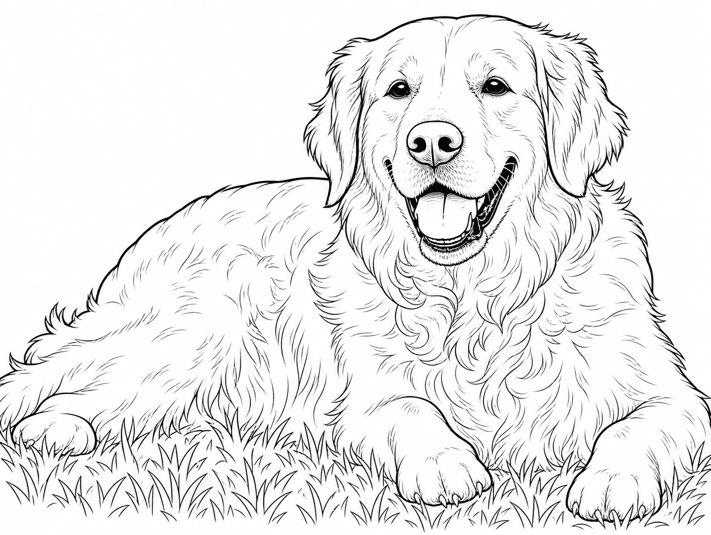 Coloring page line drawing of a happy golden retriever lying in grass.