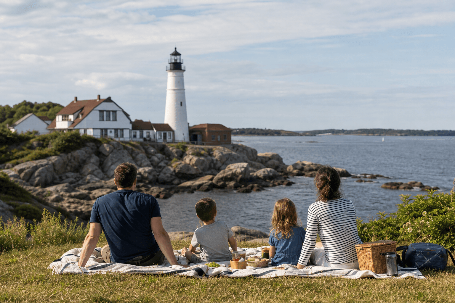 Photo of a family sitting on a picnic blanket overlooking a lighthouse and rocky coast.